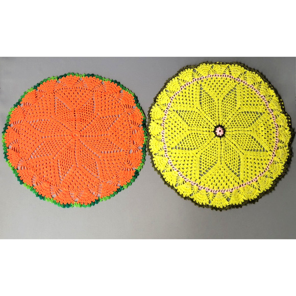2 Handmade Crocheted Round Doilies Placemats Bright Orange Yellow Shimmer Star - Picture 1 of 9